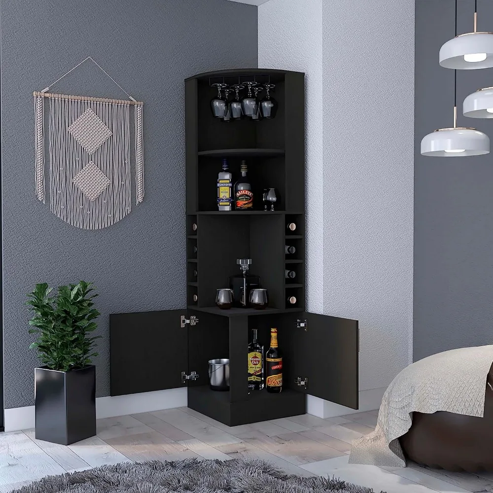 Corner Bar Cabinet with 8 Wine Racks and Glasses Holder, Tall Wine Bar Cabinet for Liquor and Glasses, Farmhouse Sideboard Stora