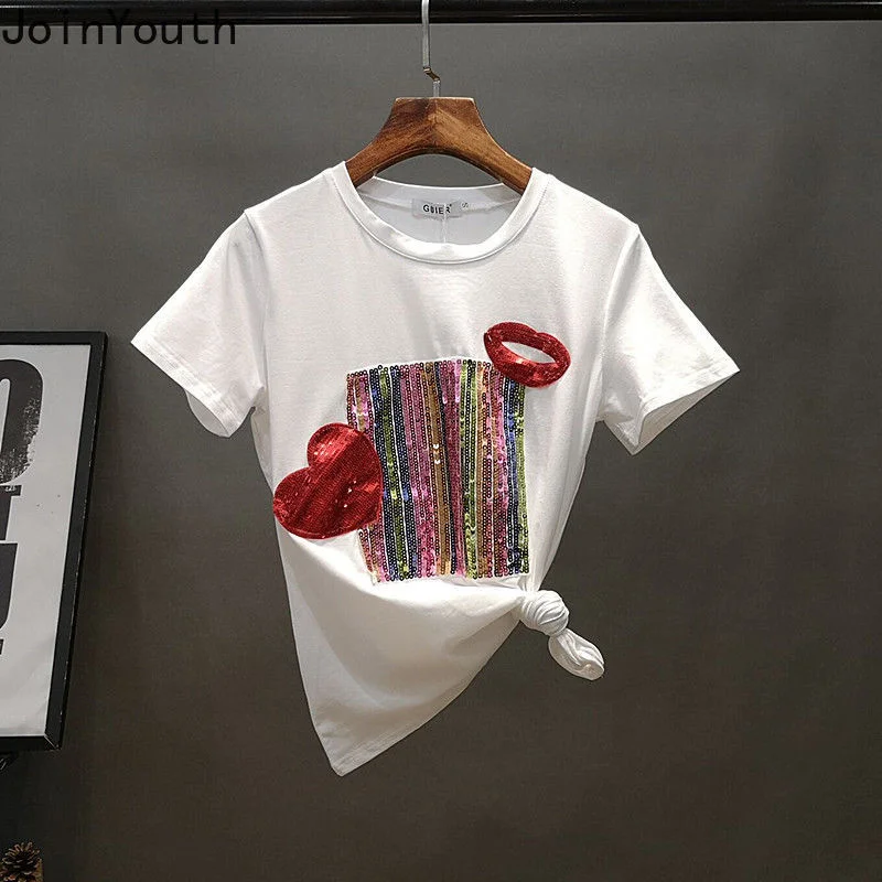 Joinyouth 2023 ファッションセットシックなスパンコール白 Tシャツ + ハイウエストリッピングジーンズスーツ Roupas ファム韓国パンツ 2 点セット女性