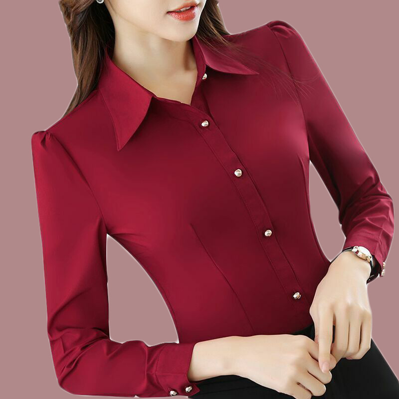 Rote Damen-Hemd-Langarmbluse, Herbst-Damenhemden und Blusen, koreanische Mode, schlankes Business-Hemd, Damen-Arbeitshemd