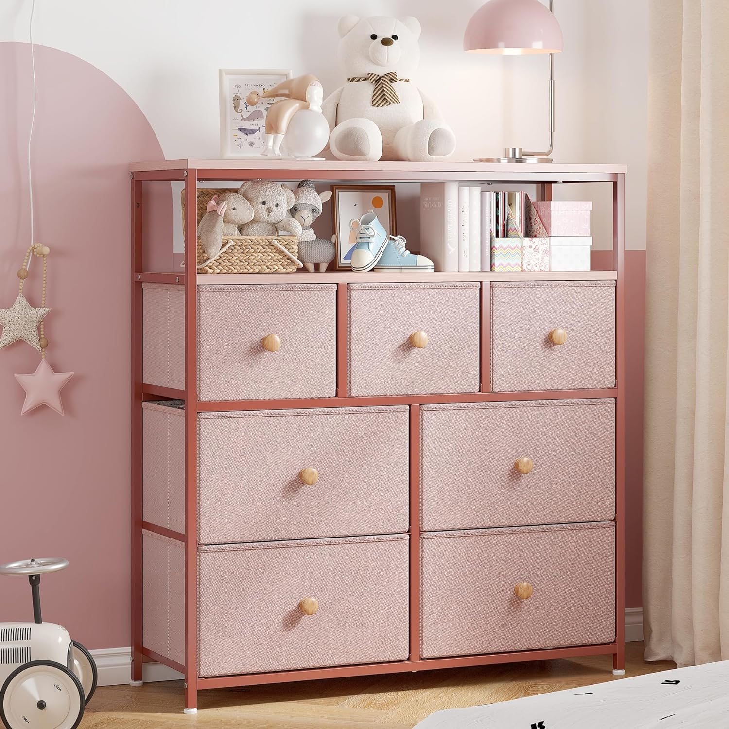 Pink Dresser, Dresser for Bedroom with 7 Drawers and Open Shelves, Chests of Drawers & Fabric Dresser for Bedroom with Wood Top