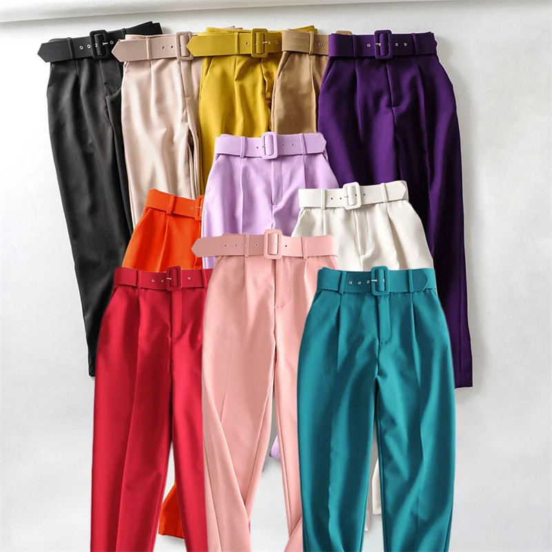 20Color Women Office Ankle-Length Suit Pants Vintage Straight Pants High Waist Belt Slim Female Solid Casual Pants Spring Summer