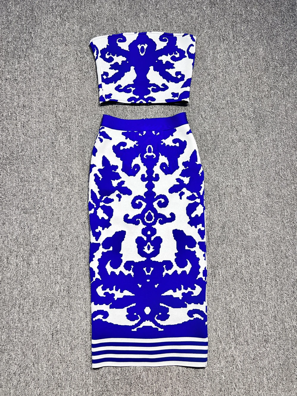 Blue Print Strapless Crop Top e Midi Saia, Bodycon Bandage Set, Roupa de Moda Sexy, Festa do Clube, Alta Qualidade, 2 pcs