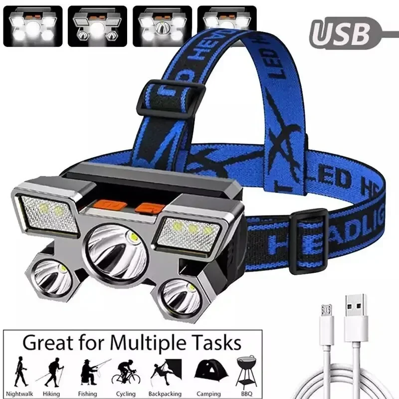 Linterna frontal recargable, linterna frontal ultrabrillante de 12000 lúmenes con 5 LED, faros recargables USB más brillantes
