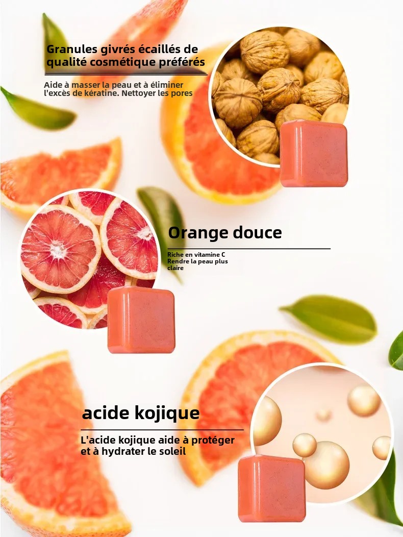 Savon gommage à l'acide kojique et à l'orange douce, 70g/140g, Glutathion, lait de coco, cèdre, éclaircissant, curcuma, barre de soins pour la peau
