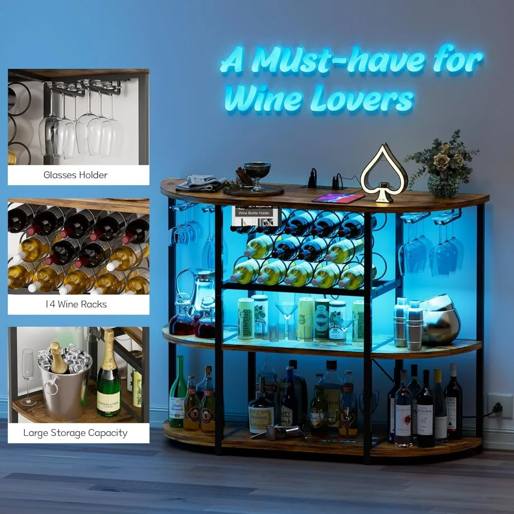 Wine Bar Cabinet for Liquor Bar Table Bar Cabinet with Lights and Outlet 4-Tier Storage Freestanding Wine Racks