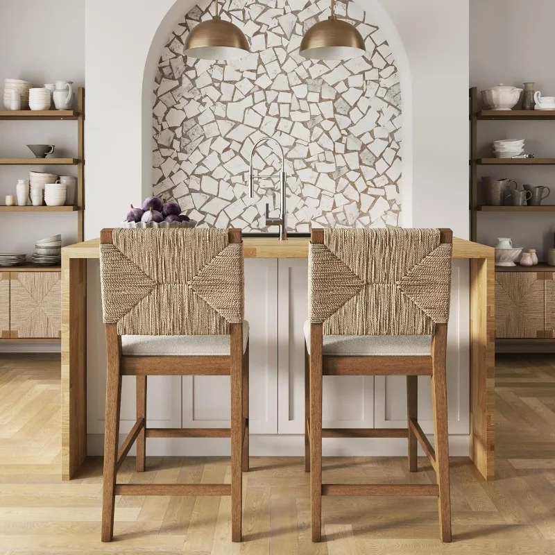Nathan James Beacon Bohemian Boucle Bar Stool, Upholstered Counter Height Chair with Solid Wood Frame and Woven Seagrass Back fo