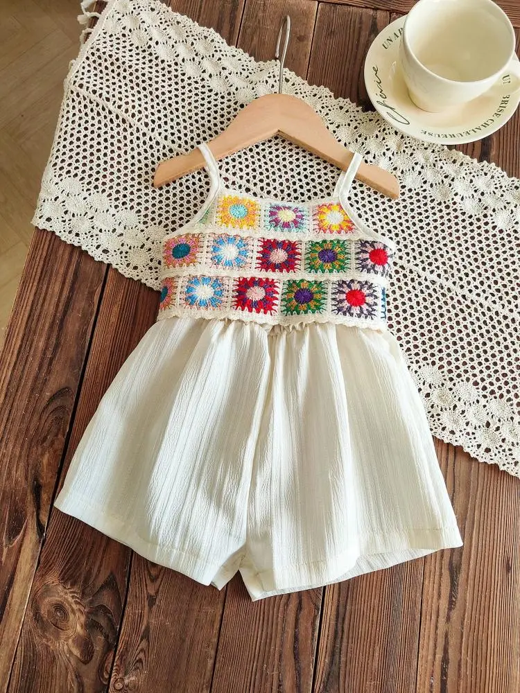 Pelele de verano para niñas, informal, estilo diario, Retro, colorido, patrón Floral, cómodo, Halter, sin mangas, pantalones cortos, ropa para niños