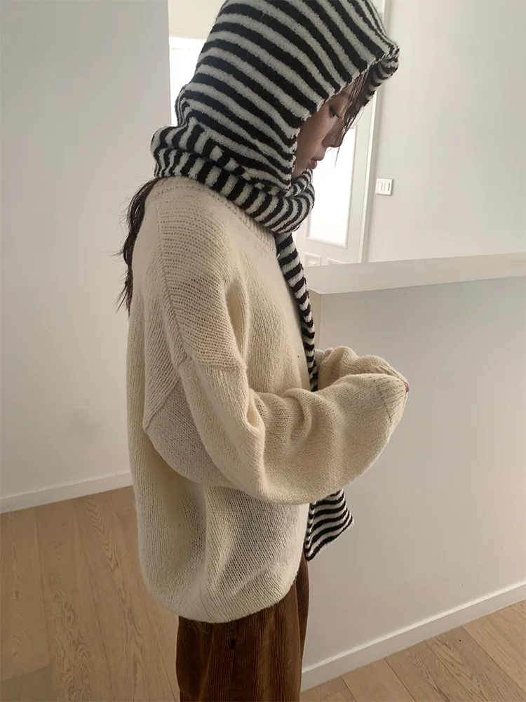 Gorro e Cachecol Inteados com Aquecedor de Pescoço para Mulheres, Estilo Coreano, à Prova de Vento, Combo de Moda de Invern...