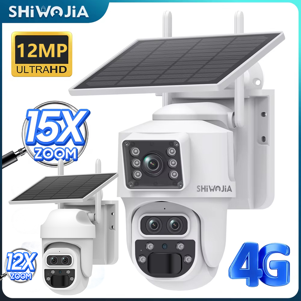SHIWOJIA 12MP 6K 15X Zoom Solar Camera 4G Dual Screen Outdoor Three Lens 7800mAh Battery Camera PIR Detection Auto Tracking CCTV