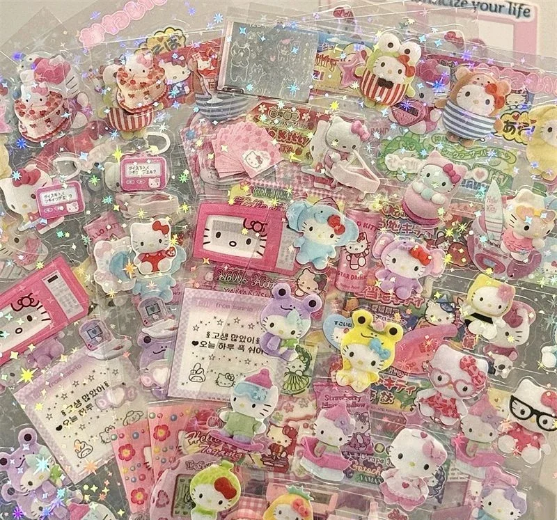5 시트 만화 HelloKitty Rilakkuma 스티커 만화 애니메이션 다이 커팅 깜박이 레이저 스티커 데칼 DIY 핸드북 장식