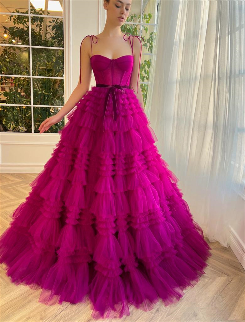 Sansa Sexy Spaghetti Strap Fuchsia فساتين السهرة Multilayer Tulle A-line Customized Prom Dress Princess Puffy Vestidos De Noche