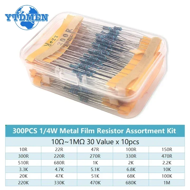 300/600 Uds 1/4w resistencia de película metálica 30 valores Kit de resistencia 10R-1M 0,25 W 1% juego de resistencias con caja