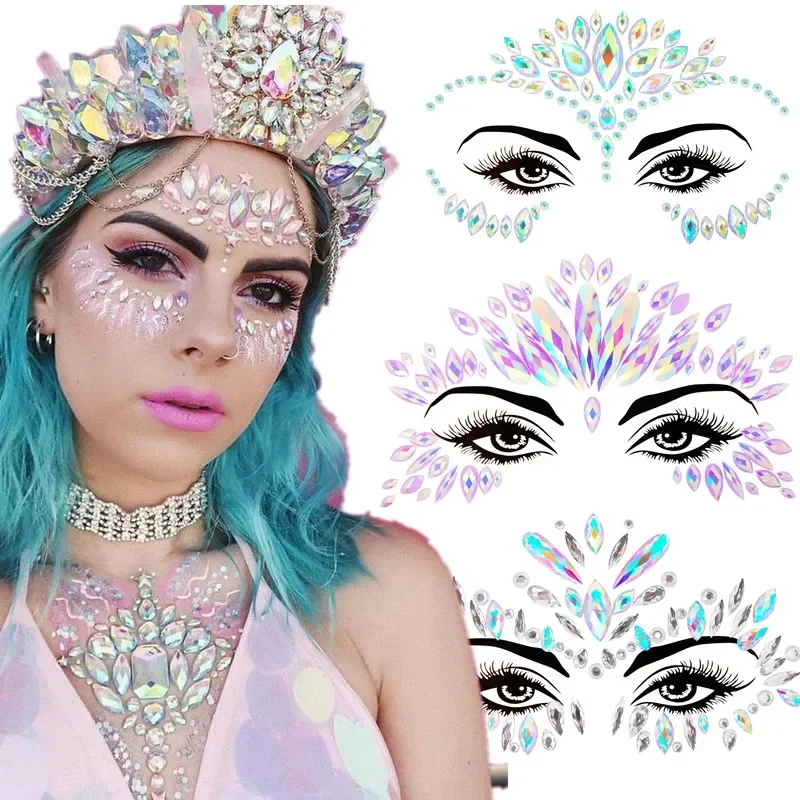 Pegatinas de tatuaje de cara Sexy 3D, tatuajes temporales con purpurina, tatuaje falso, diamantes de imitación, mascarada para mujeres, tatuaje de joyas para la cara de fiesta