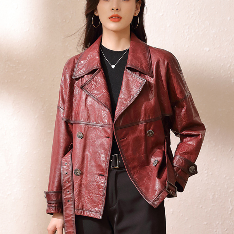 Roupas femininas秋の女性のスーツの襟レースアップオイルワックスシープスキンgabardina mujerヴィンテージ赤ワインショートトレンチコート