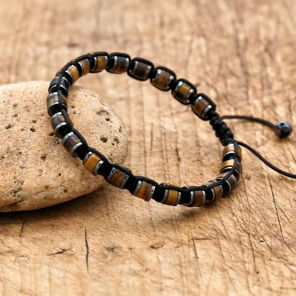 Joyería hecha a mano para hombre, pulsera trenzada de hematita con piedra de ojo de tigre, pulsera con dijes para pareja