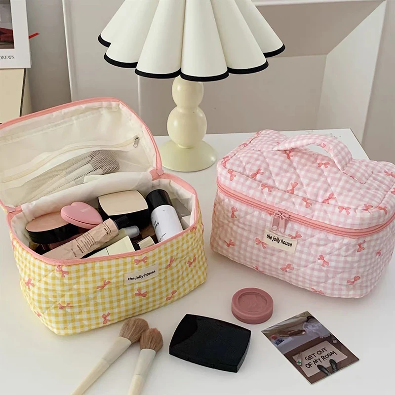 Bolsa de cosméticos acolchada de 3 tipos, organizador de viaje de gran capacidad para mujer, bolsa de lavado con bonito patrón de nudo de lazo, bolsa de almacenamiento con cremallera para maquillaje