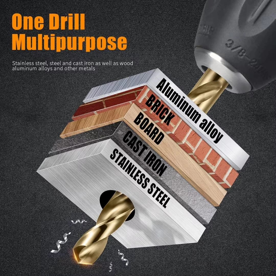 Perfactool 13pc HSS 1.5-6.5mm 라운드 생크 트위스트 드릴 비트 세트 금속 PVC 보드 용 티타늄 코팅 드릴링 구멍