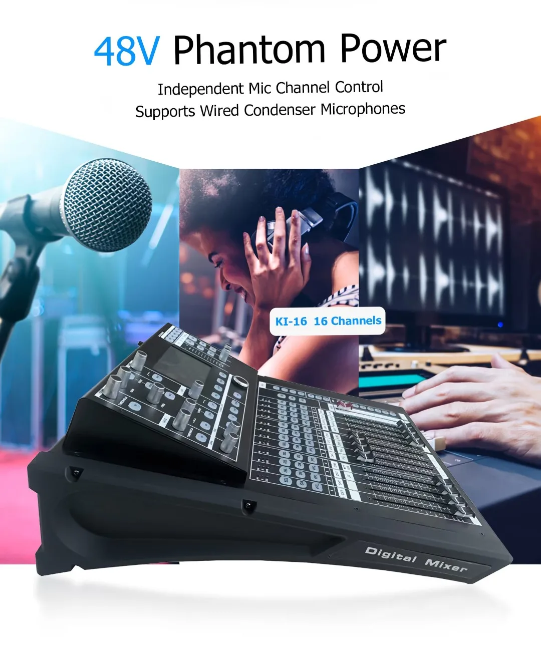 KI-16 16 Channel 2 Group Professional Audio Mixing Console Digital Sound Mixer Console With 5-inch Touchscreen Display USB