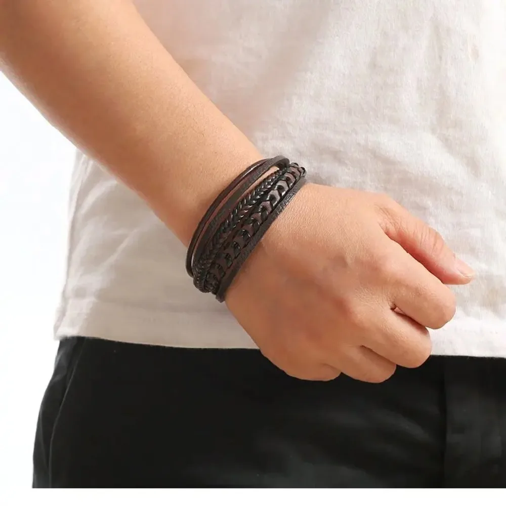 1pc na moda acessórios masculinos liga fivela magnética multi camada retro corda de couro trançado pulseira moda vestir