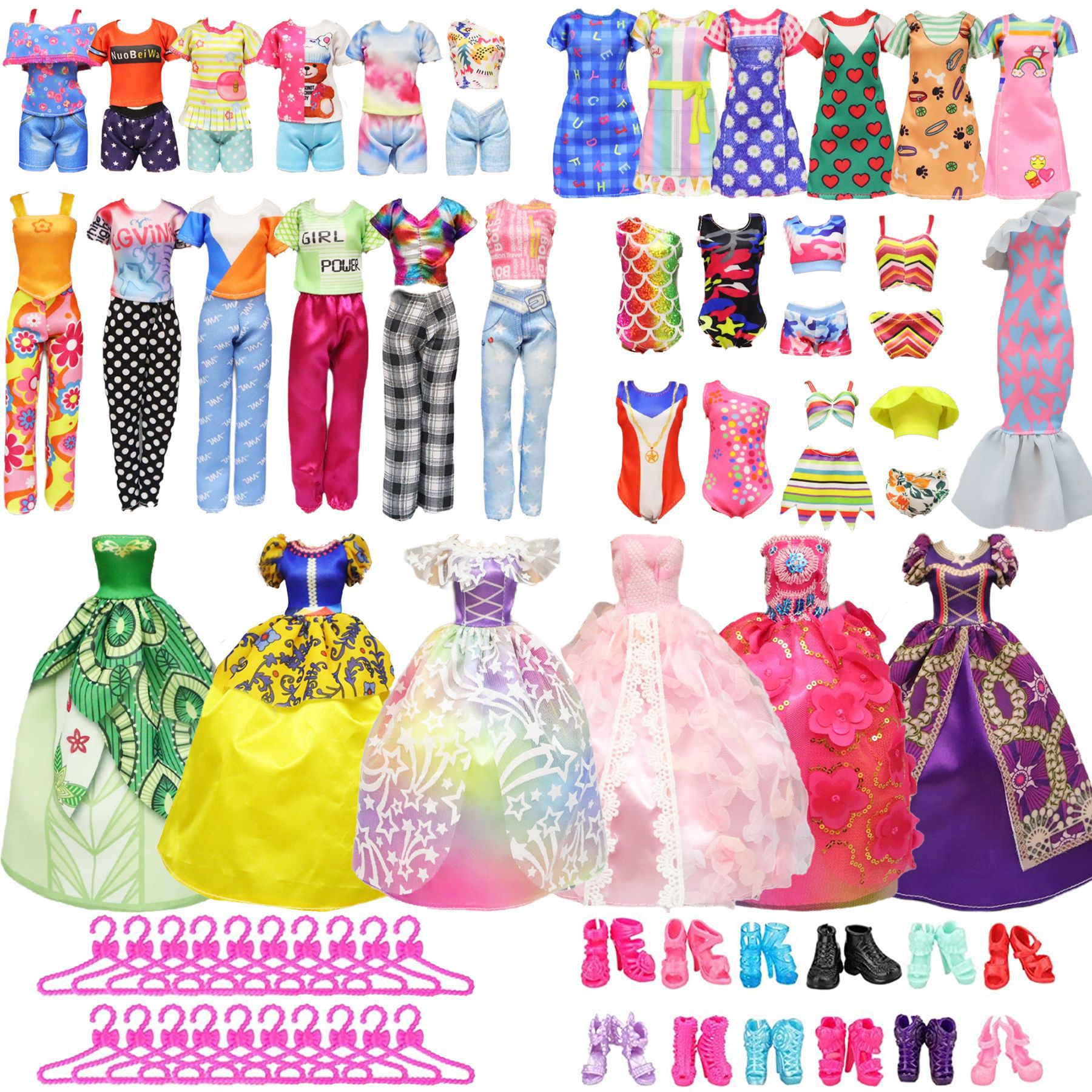 28 peças acessórios de bonecas da moda = 1 vestido + 3 vestido + 2 terno + 2 maiô + 3 óculos + 10 sapatos + 7 cabide de roupas para brinquedos de boneca de 11,5 ''