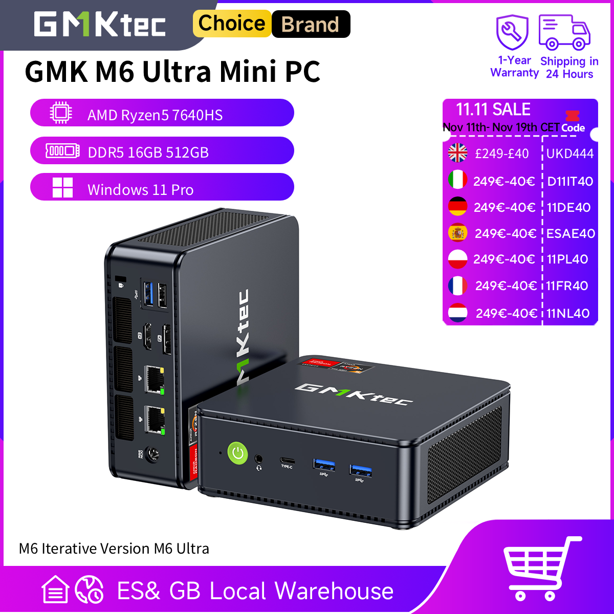 GMKtec M6 Ultra Mini PC AMD Ryzen5 7640HS computadora de escritorio 16GB RAM 512GB PCIe3.0 SSD Windows 11 Pro Micro PC con LAN dual de 2,5G
