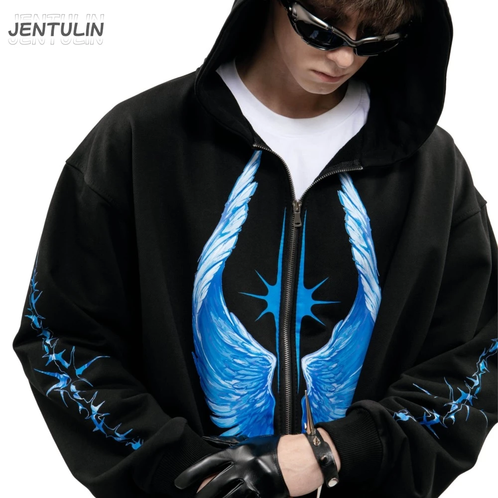 Ropa de calle para hombre, Sudadera con capucha con cremallera, estampado gráfico de lado brillante, Jersey con capucha y cremallera, chaqueta de Hip Hop, abrigo Y2K, ropa, Tops góticos