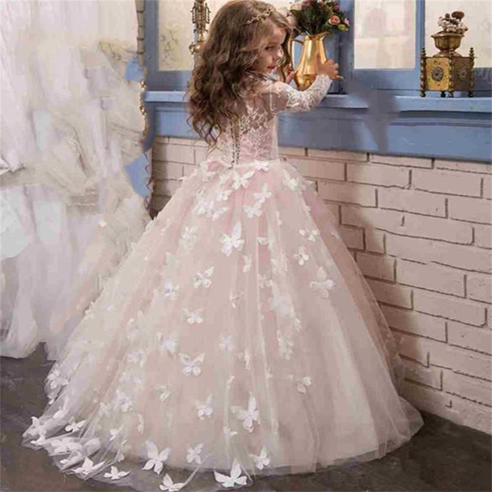 Robe de demoiselle d'honneur à manches longues avec appliques en dentelle papillon, robe de Rh, mariage, anniversaire, première communion, robes de convocation