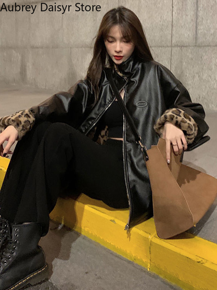 Winter Warme Leder Jacke Frauen Dicke Leopard Print Faux Lamm Pelzmantel Harajuku Schnee Lose Futter Reversible Tragen Mantel Weibliche
