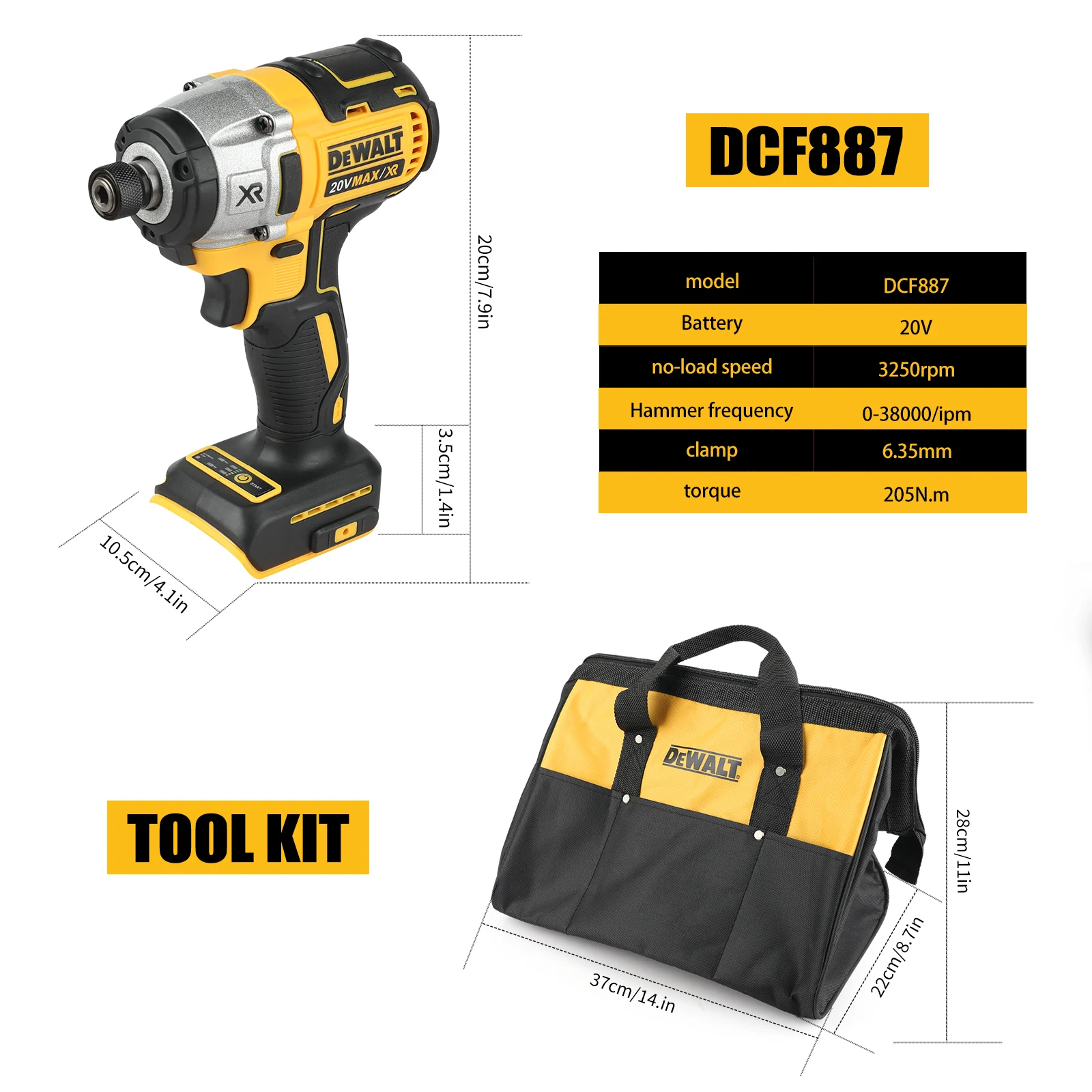Brushless impact drill DCF887, 20V Dewalt battery wireless screwdriver, car repair power tool, handbag