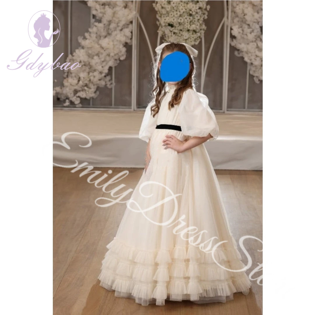 Vestido de niña de flores personalizado para boda, cuello de cintura alta, media manga, tul hinchado plisado, vestidos de primera comunión de cumpleaños para niños