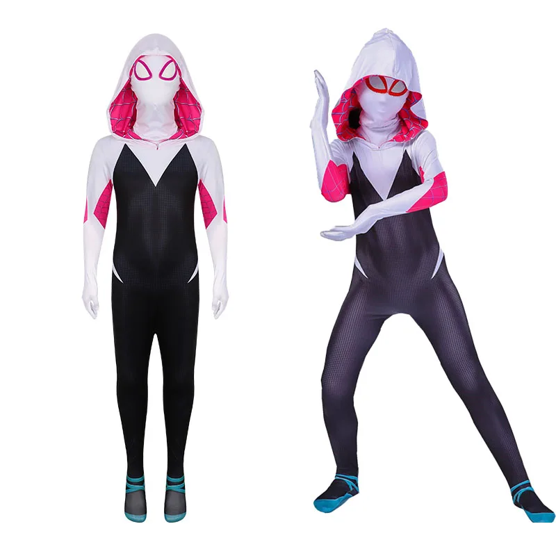 Gwen Stacy Costumi Cosplay per bambini adulti Halloween Zentai 3D Spider Gwen con tuta maschera