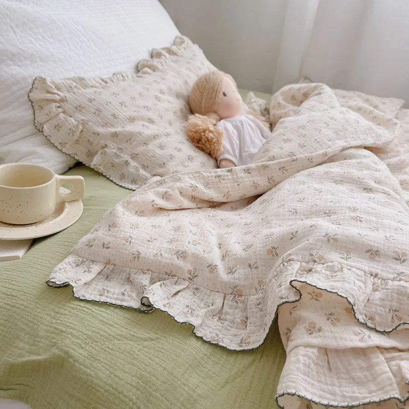 Hàn Quốc Bé Gái Cũi Bộ Chăn Ga Gối Thỏ Hoa Hồng Anh Đào In Hoa Cotton Muslin Cốt Chăn Ga Gối Bộ Túi Đựng Chăn Ga Áo Gối Chần Gòn