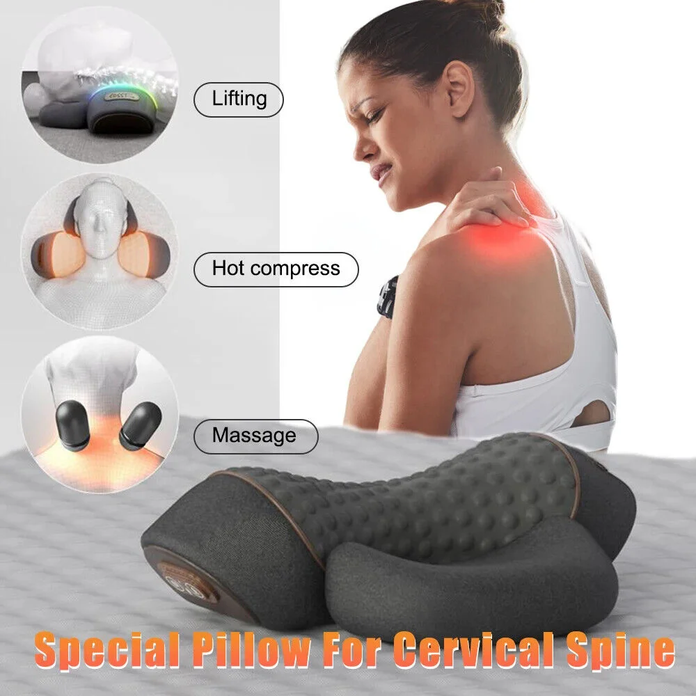 Almohada masaje cuello joroba 2025 nuevo almohada masajeadora de cuello 3 en 1 con tracción térmica vibración Corrector de hombro calentado Cervical Pi