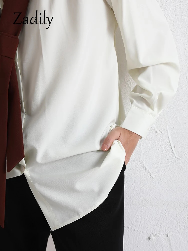 Zadily 2024 Zomer Minimalistisch Lange Mouw Knoop Shirt Vrouwen Koreaanse Stijl Effen Stropdas Oversized Shirts Blouse Losse Kleding Tops