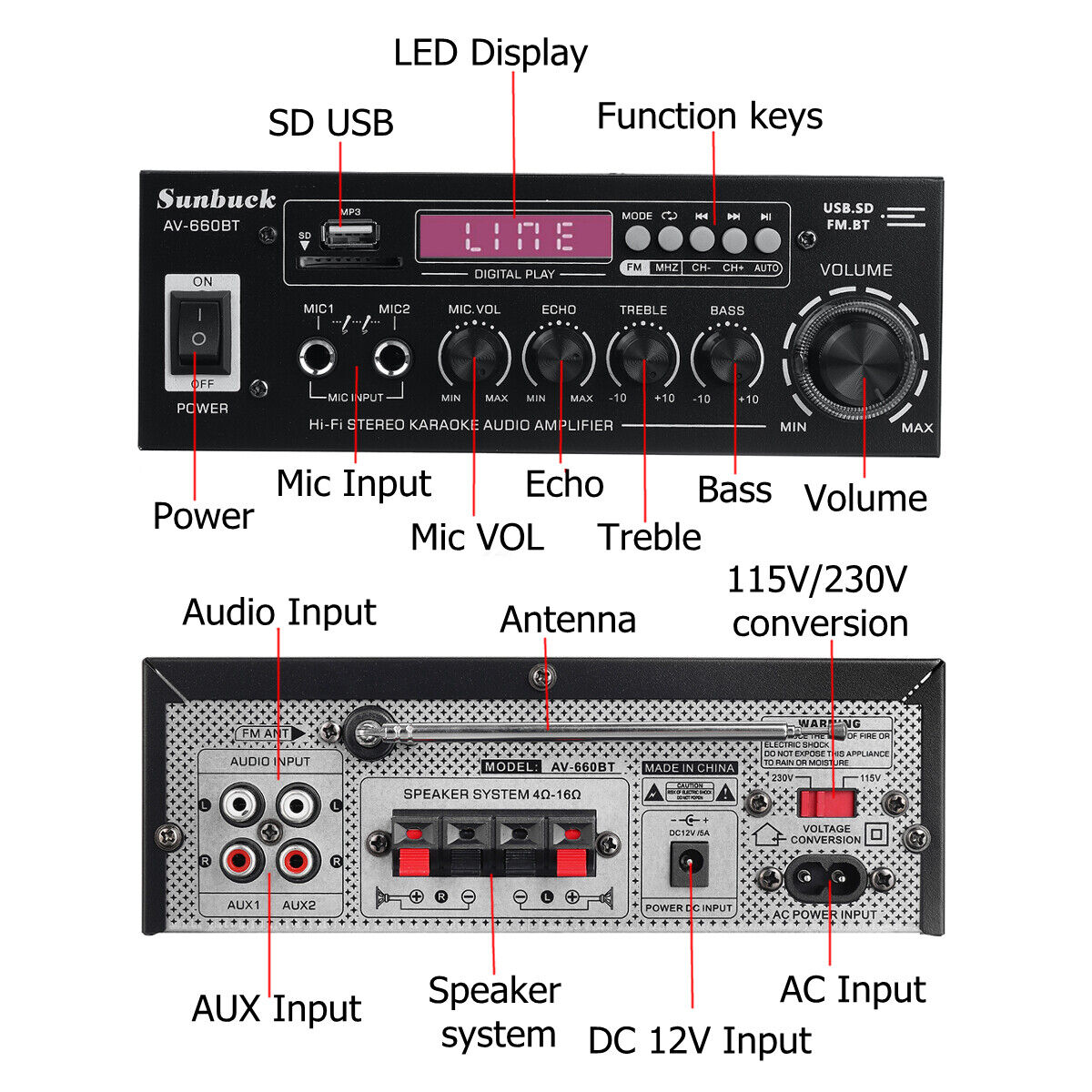 ホームシアターアンプ,SUNBUCK-AV-660BTチャンネル,会議用パワーアンプ,eq,fm,USB, SDカード,2マイク入力,2.1をサポート