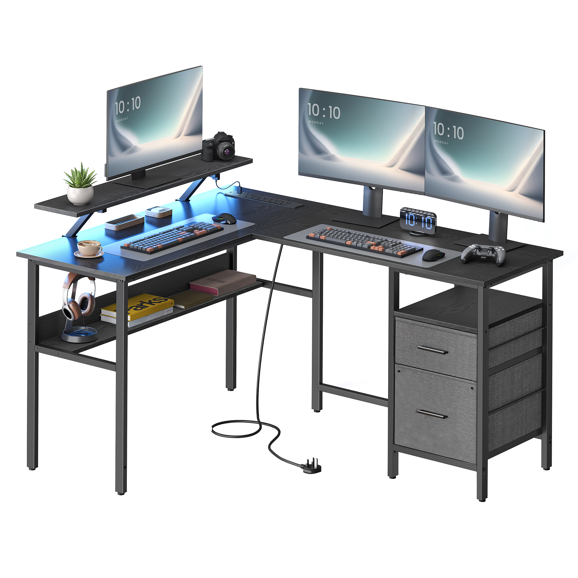 VASAGLE L-Shaped Desk with Power Outlets, Corner Desk, Gaming Desk with LED Lights, 2 Drawers, 2 USB Ports, 150x120x89cm