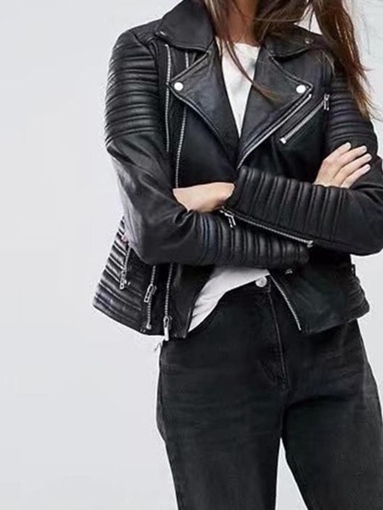 Ftlzz-女性用puフェイクレザージャケット,フラップカラー,ブラック,パンク,リベット,ジッパー,アウター,秋