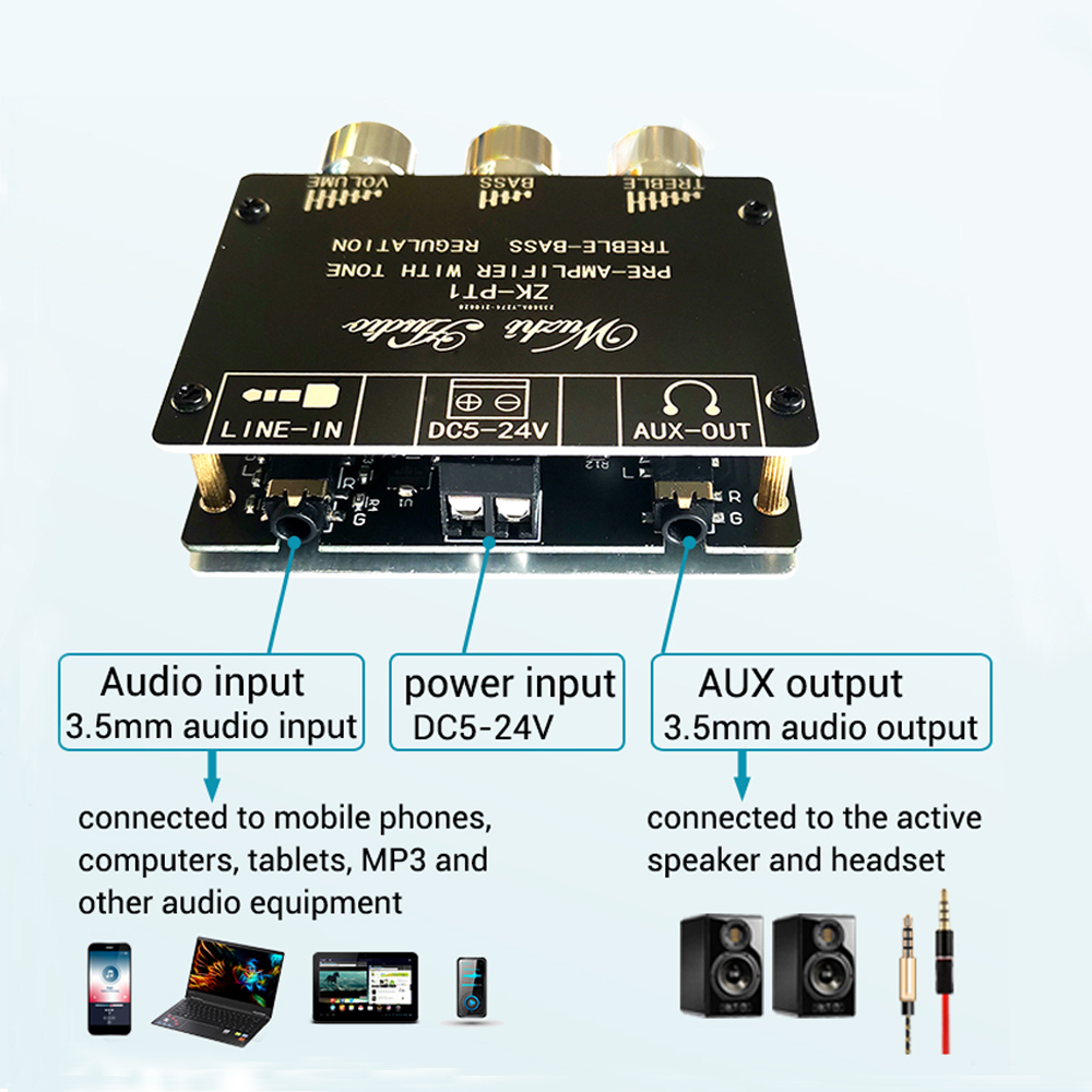 ZK-PT1 BT 5.0 Audio Receiver Decoder Stereo Tone Board Volume Controller Treble Bass Tonal preamp Amp Knob For Amplifier
