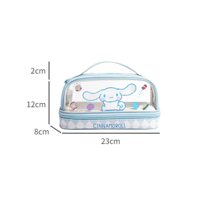 Kawaii 만화 Hellokitty Kuromi 대용량 투명 더블 레이어 연필 케이스 만화 Cinnamoroll 편지지 펜 가방