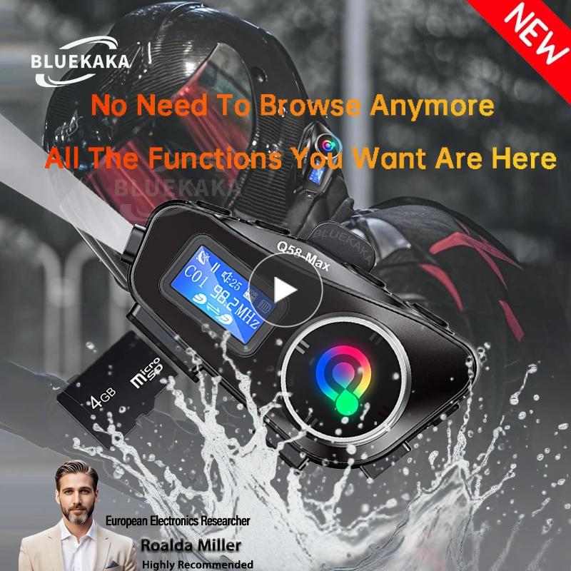 Q58 Max Motocicleta Intercomunicador Headset Capacete À Prova D'água 300M BT Intercomunicador Sem Fio Para 2 Pilotos Música Partilhar Com Lanterna Ecrã LCD Microfone HD Cartão TF