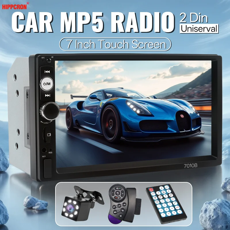 Hippcron 7 polegada rádio do carro 2din hd tela de toque mp5 player bluetooth 12v fm iso potência aux entrada espelho link multimídia player