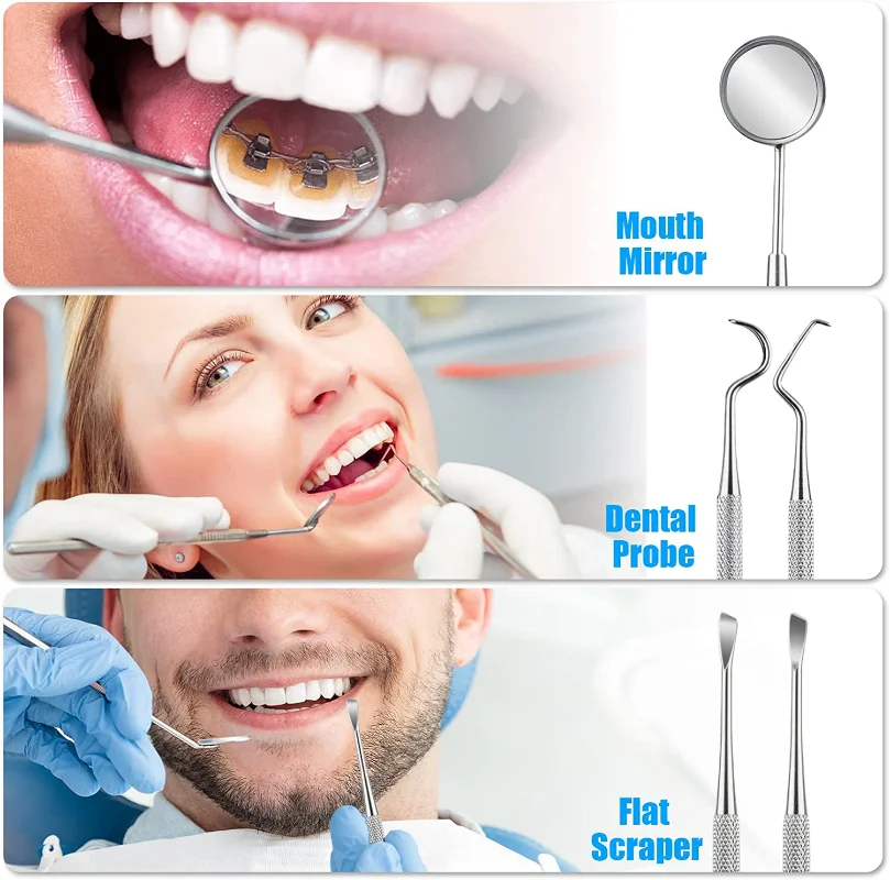 Strumenti per la pulizia del dentista in acciaio inossidabile Specchio dentale Doppia sonda Falce Zappa Detergente per denti Prodotti per strumenti dentali Kit per l'igiene orale