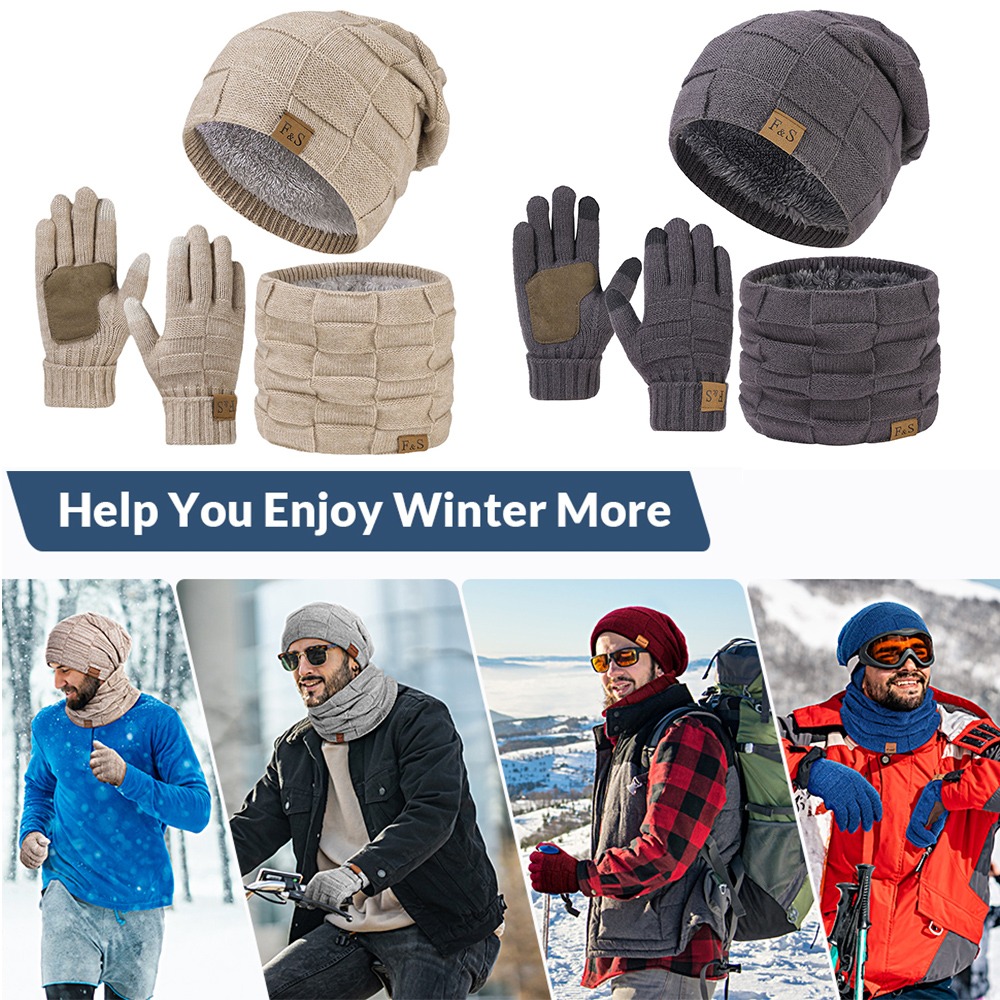 Conjunto de bufanda y guantes con gorro grueso y cálido para invierno, guantes con bufandas y gorro holgado con forro polar térmico para hombre, conjunto cálido 3 en 1