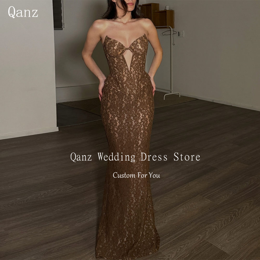 Qanz Bruin Kant Applicaties Avondjurken Lieverd Mouwloos Zeemeermin Op maat gemaakte Gelegenheidsjurken Korset Feestjurk Op maat