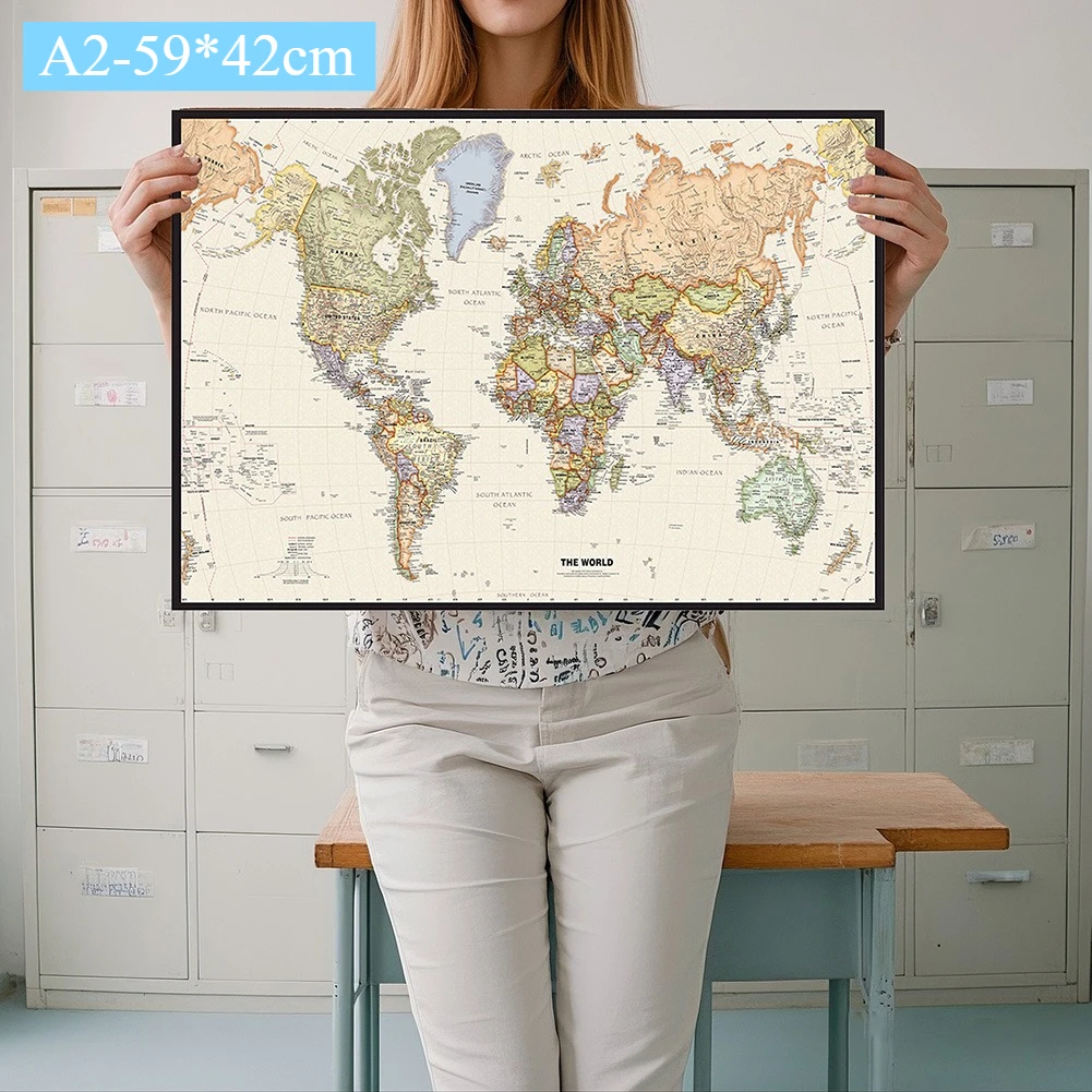 Mapa del mundo de pared Retro, tela plegable en inglés, póster no tejido detallado, decoración del hogar, mapa de viaje, regalo para niños, A2-59 * 42cm