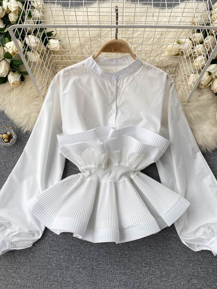 EWQ Frauen Puff Langarm Hemd Plissee Rüschen Bluse Patchwork Temperament Y2k Top Schlanke Taille Hemd Süße Korea Sommer 2025,