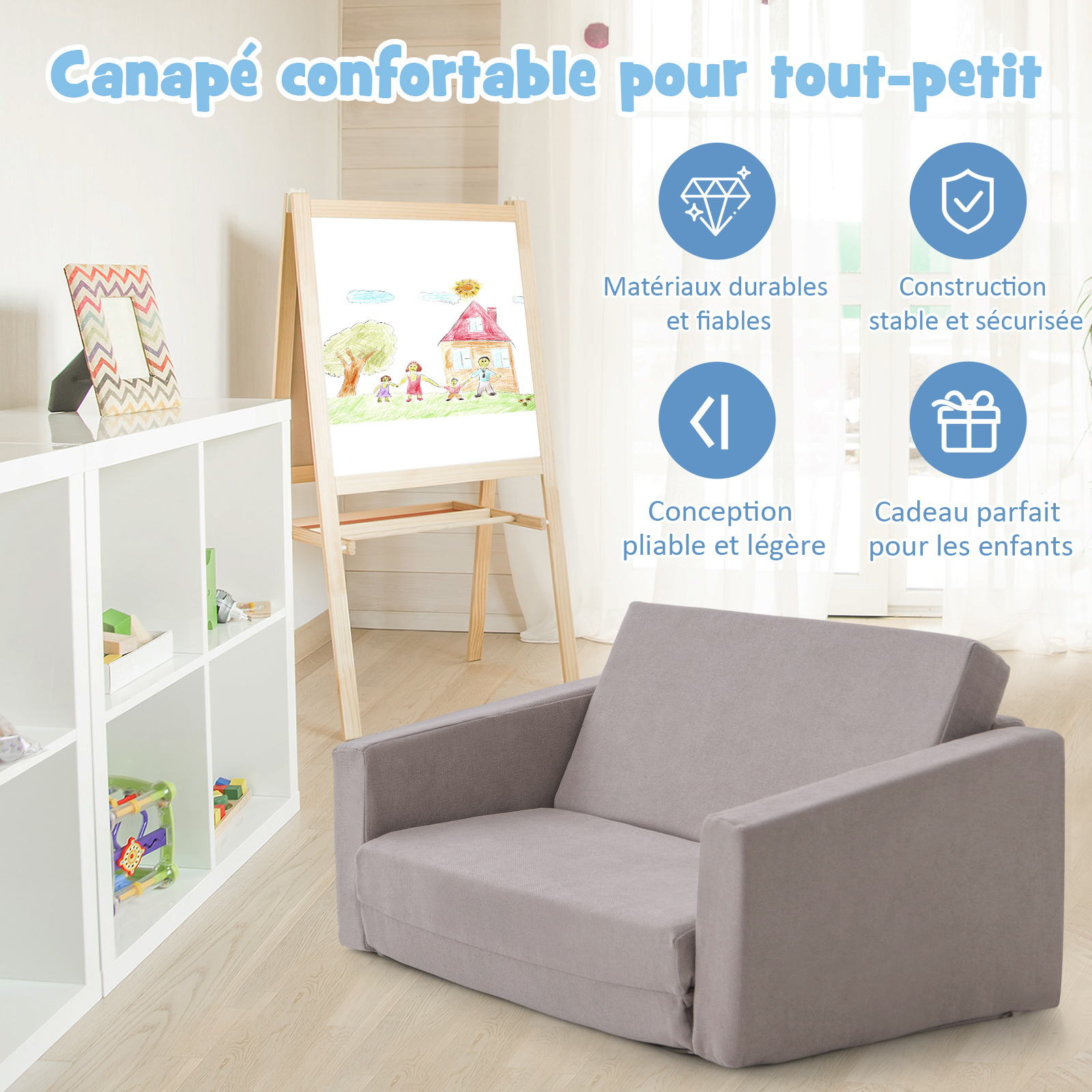 2 en 1 Canapé-lit Enfant en Flanelle Textile avec Conception Ergonomique & Dossier Large, Fauteuil Enfants Convertible avec Housse Amovible & Lavable, Charge 50kg pour 18-36 Mois
