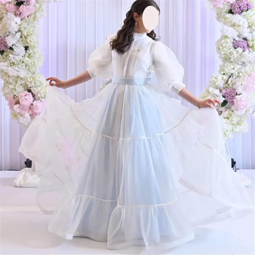 Céu azul tule menina vestido inchado saia vestidos da menina de flor babados vestidos de festa de casamento da menina