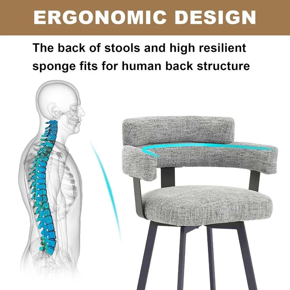 Counter Height Bar Stools Full Back – Swivel Counter Stools Set of 2 Linen Padded Back, Metal Footrest, Barstools, Grey 24 inch