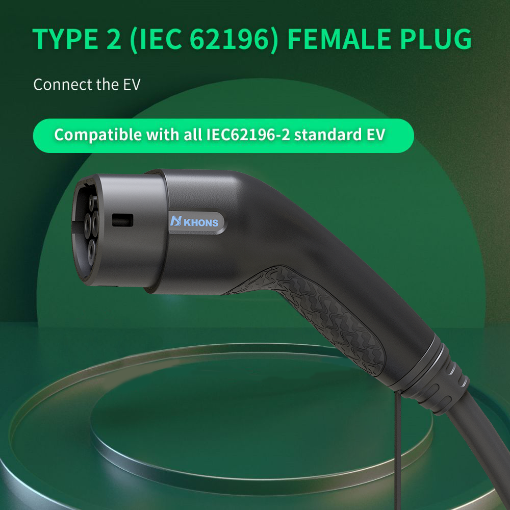 Khons Type2 para Type2 Ev Cabo de carregamento 3 Fase 32A Plugue fêmea para macho 5M Cabo 22kw IEC62196-2 EVES Estações de carregamento